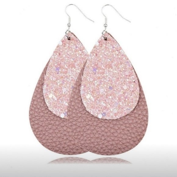 Rose Gold & Pink Faux Leather Teardrop Earrings - Picture 1 of 4